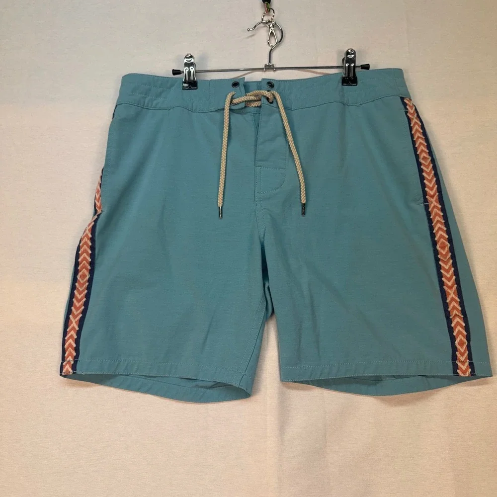 Faherty Brand Mens Board Shorts Size 32 Teal Blue Southwestern Tape Trim Stretch